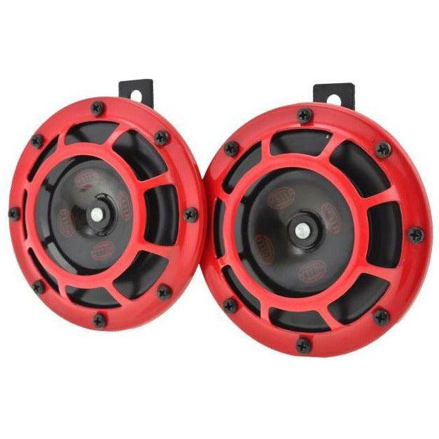 Hella Supertone Horn Kit 12V 300/500HZ Red (003399803 = 003399801)-tuningsupply.com