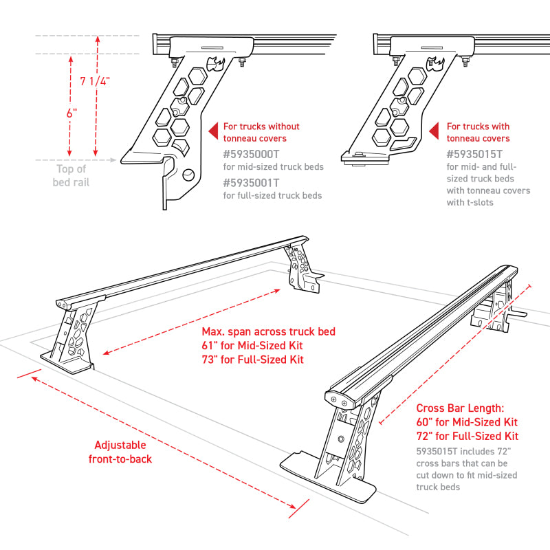 Go Rhino 15-22 Ford F-150 / 07-21 Toy. Tundra XRS Cross Bars Kit - Tex Blk (Attch Tonneau Cvr T-Trk)-tuningsupply.com