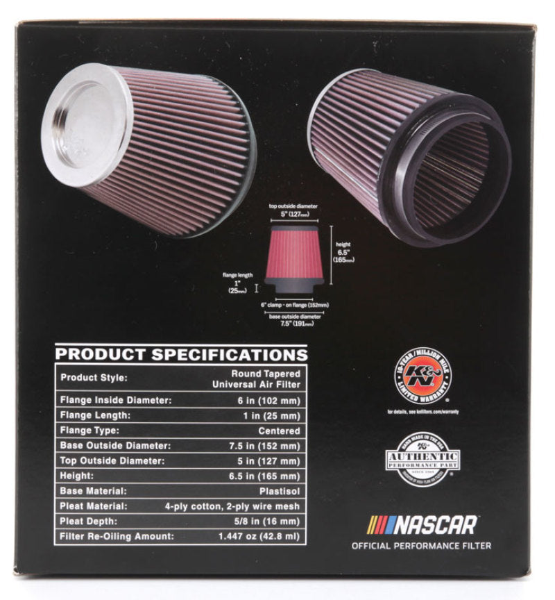 

K&N Engineering RF-1042 - KNNRF-1042 - K&N Round Tapered Universal Air Filter 6in Flange ID x 7.5in Base OD x 5in Top OD x 6.5in Height - Shipped in Europe - Tuningsupply.com
