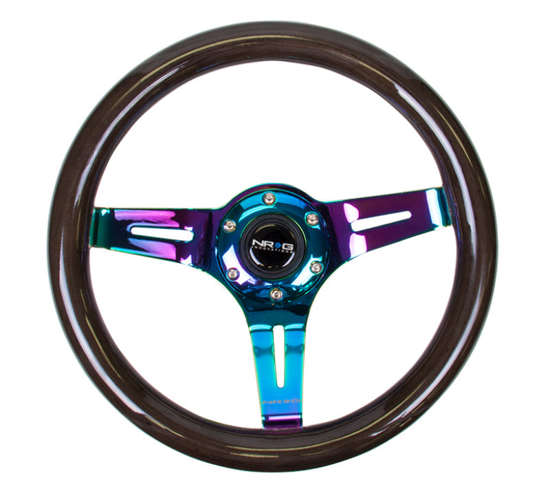 NRG Classic Wood Grain Steering Wheel (310mm) Black w/Neochrome 3-Spoke Center-tuningsupply.com