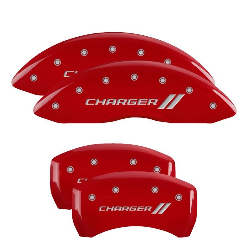 MGP 4 Caliper Covers Engraved Front & Rear With stripes/Charger Red finish silver ch-tuningsupply.com