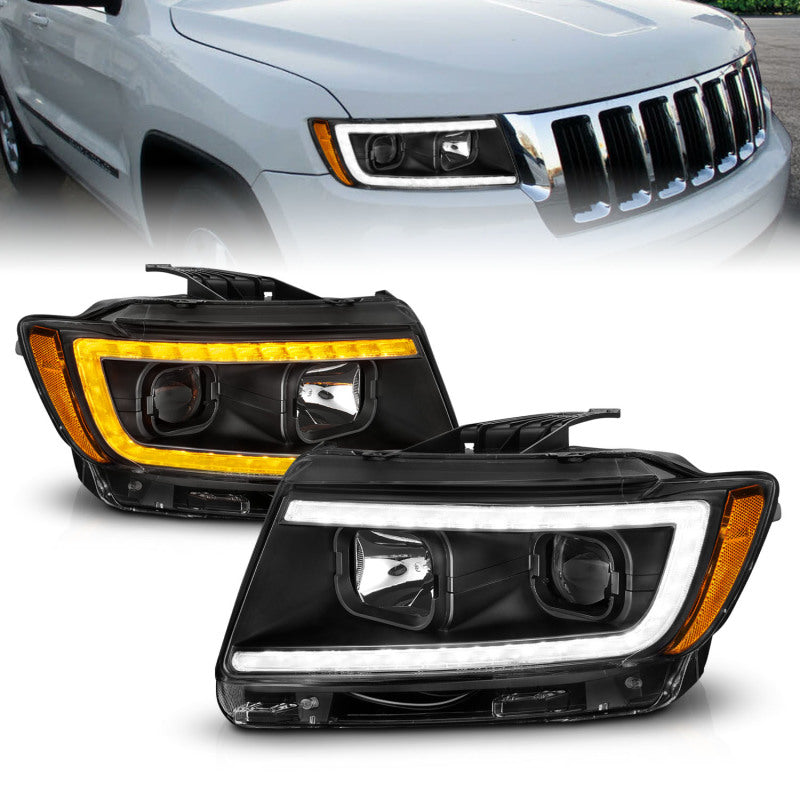 ANZO 11-13 Jeep Grand Cherokee (Factory Halogen Only) Projector Headlights w/Light Bar Swtchbk Black-tuningsupply.com