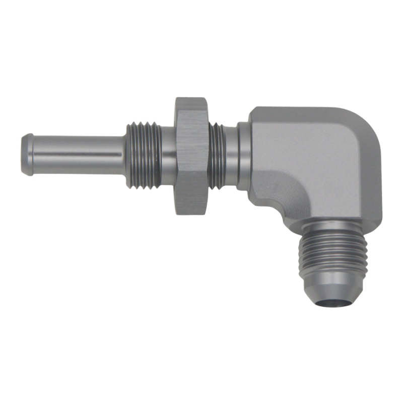 DeatschWerks 6AN Male Flare To 5/16in. Male Barb Bulkhead Adapter 90-Degree (Incl. Nut)-tuningsupply.com