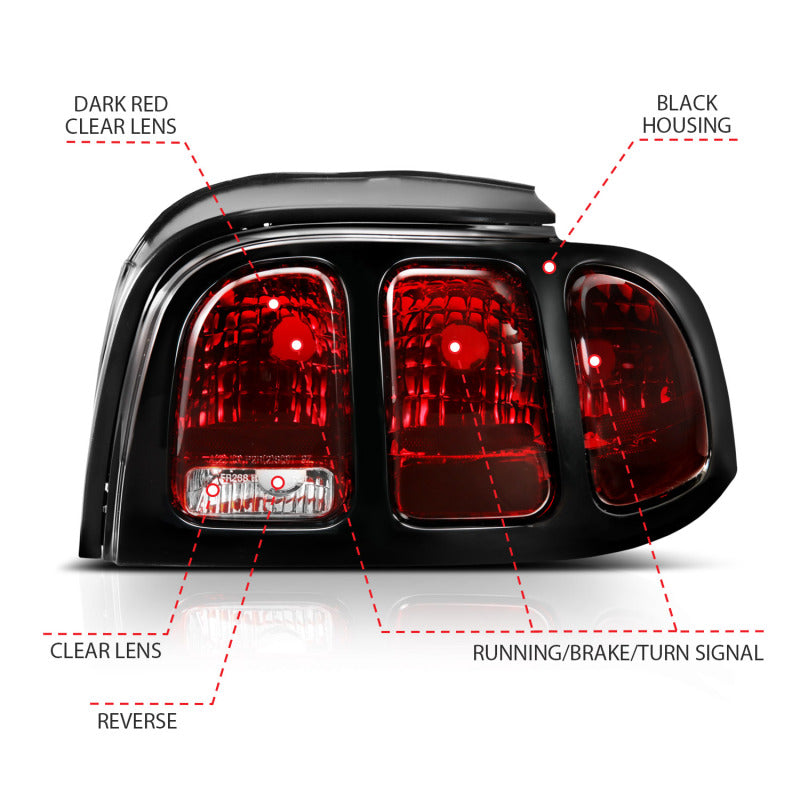 ANZO 1994-1998 Ford Mustang Taillight Dark Red Lens (OE Style)-tuningsupply.com