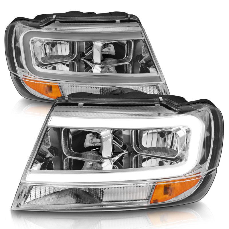 ANZO 1999-2004 Jeep Grand Cherokee Crystal Headlights w/ Light Bar Chrome Housing-tuningsupply.com