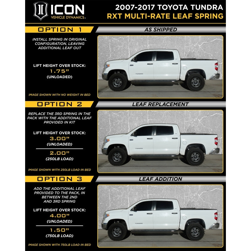 

ICON 158509 - ICO158509 - ICON 2007+ Toyota Tundra Multi Rate RXT Leaf Pack w/Add In Leaf - Shipped in Europe - Tuningsupply.com
