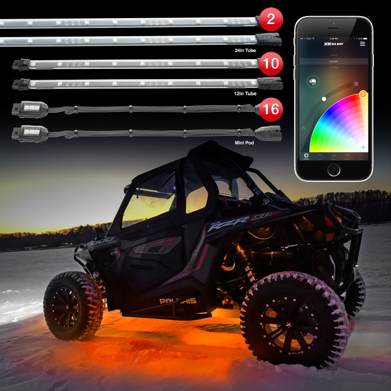 

XKGLOW XK-UTV-STA - XKGXK-UTV-STA - XK Glow Million Color XKCHROME App Controlled Offroad UTV Kit 2x24In Tube + 10x12In Tube + 16xPods - Shipped in Europe - Tuningsupply.com

