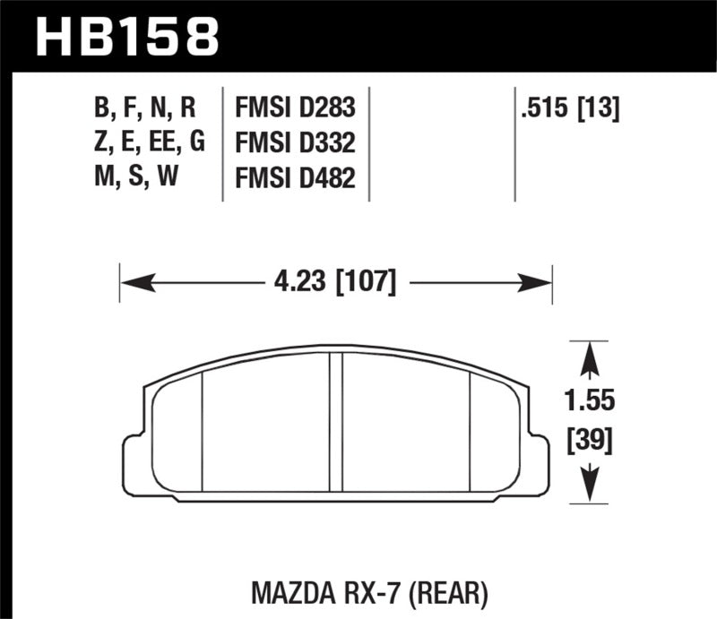 
  

Hawk Performance KHB158E.515 - HAWKHB158E.515 - Hawk 84-91 Mazda RX-7 / 03-05 Mazda 6 Blue 9012 Race Rear Brake Pads - Shipped in Europe - Tuningsupply.com

