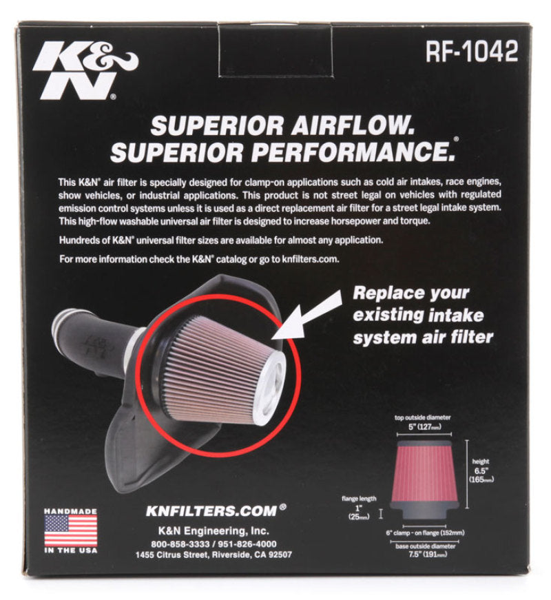 

K&N Engineering RF-1042 - KNNRF-1042 - K&N Round Tapered Universal Air Filter 6in Flange ID x 7.5in Base OD x 5in Top OD x 6.5in Height - Shipped in Europe - Tuningsupply.com
