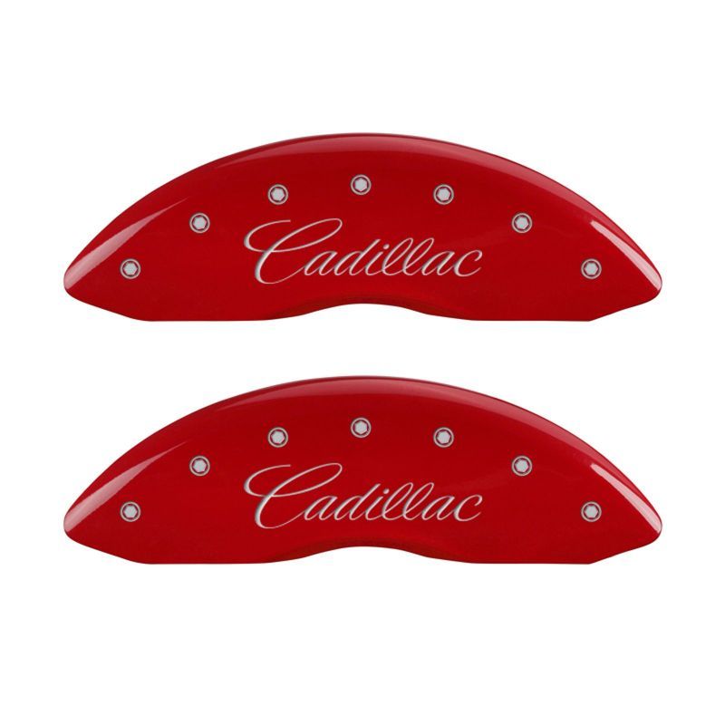 MGP 4 Caliper Covers Engraved Front Cursive/Cadillac Engraved Rear CTS Red finish silver ch-tuningsupply.com