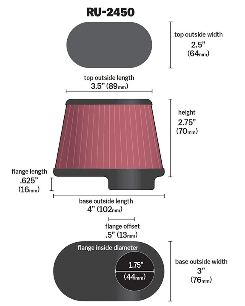 

K&N Engineering RU-2450 - KNNRU-2450 - K&N Univ Clamp-On Air Filter - 1-3/4in FLG O/S 4in X 3in B 3in X 2in T 2-3/4inH OVAL - Shipped in Europe - Tuningsupply.com
