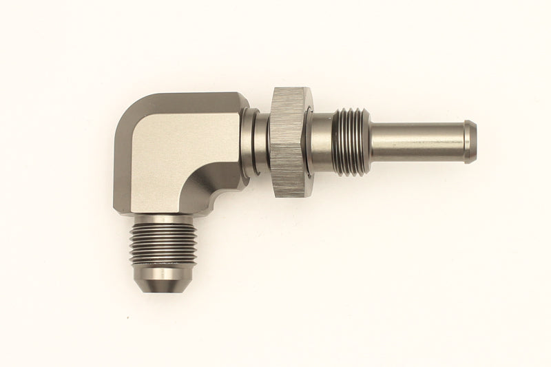 DeatschWerks 6AN Male Flare To 5/16in. Male Barb Bulkhead Adapter 90-Degree (Incl. Nut)-tuningsupply.com