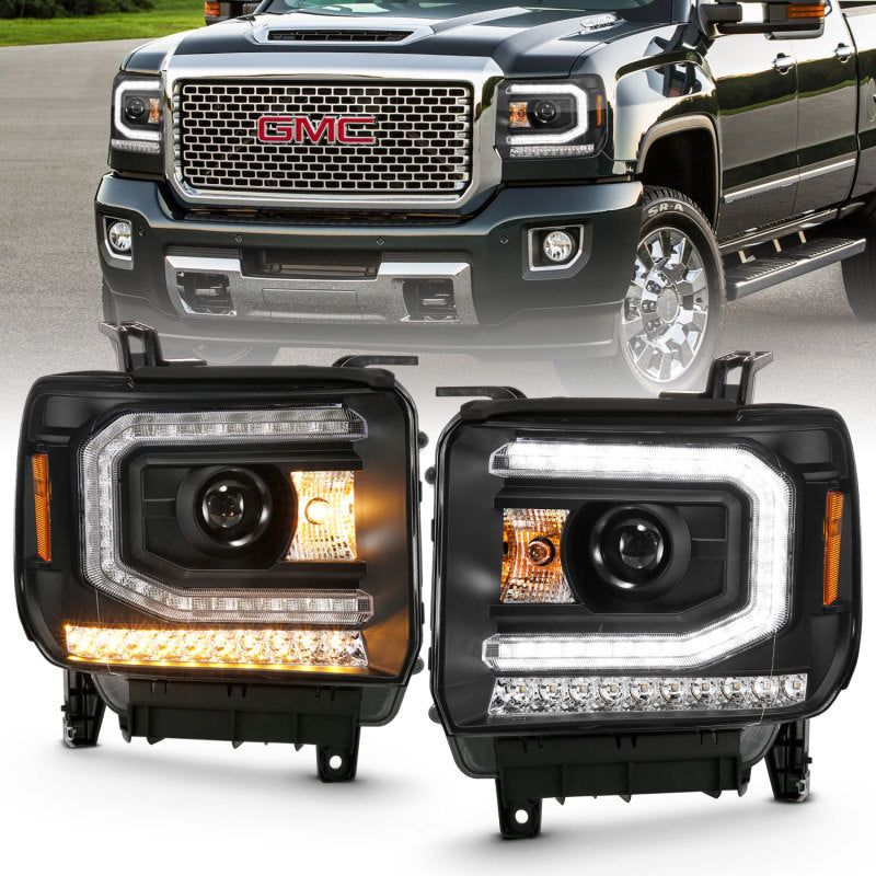 ANZO 2016-2019 Gmc Sierra 1500 Projector Headlight Plank Style Black w/ Sequential Amber Signal-tuningsupply.com