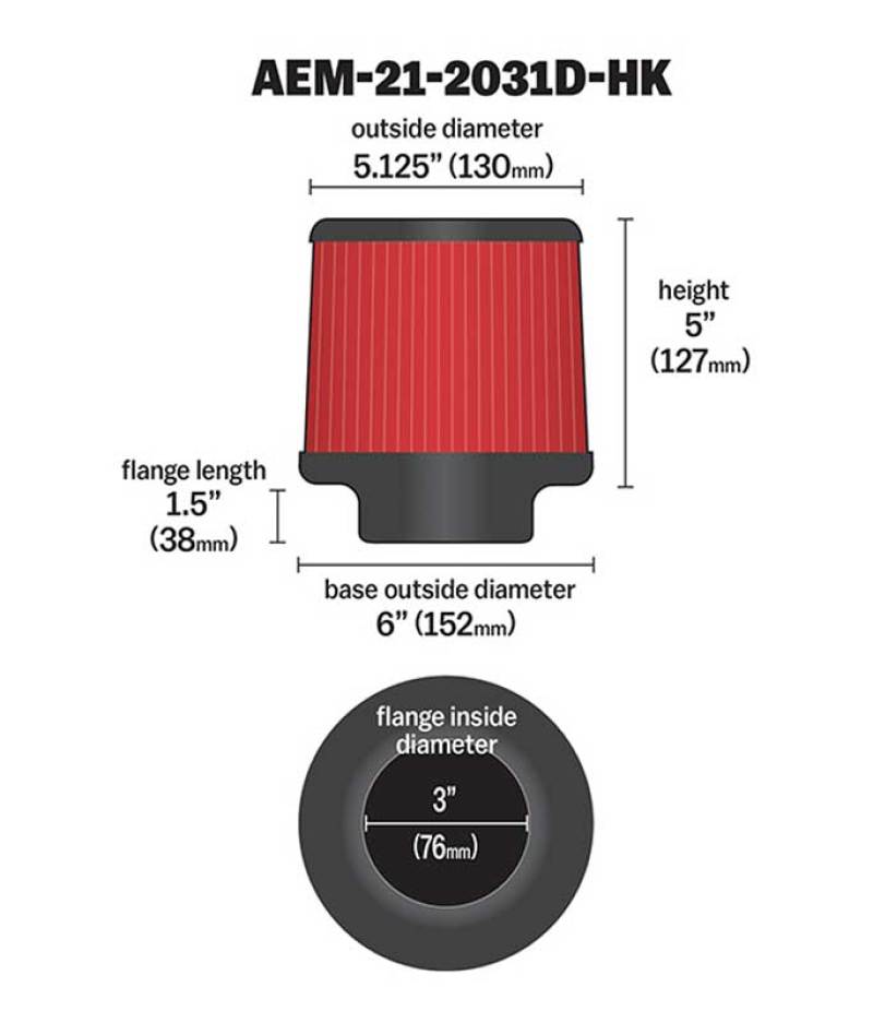 

AEM Induction 21-2031D-HK - AEM21-2031D-HK - AEM Dryflow 3in. X 5in. Round Tapered Air Filter - Shipped in Europe - Tuningsupply.com

