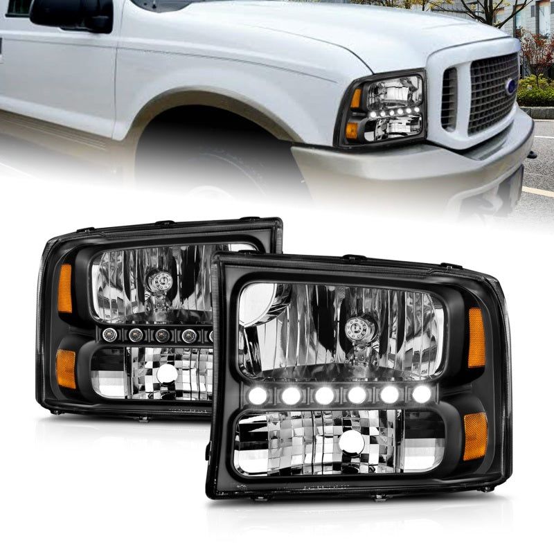 ANZO 2000-2004 Ford Excursion Crystal Headlights Black w/ LED 1pc-tuningsupply.com