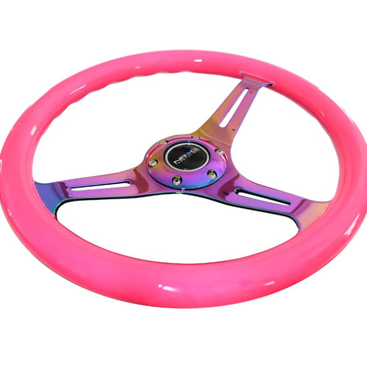 NRG Classic Wood Grain Steering Wheel (350mm) Neon Pink Painted Grip w/Neochrome 3-Spoke Center-tuningsupply.com