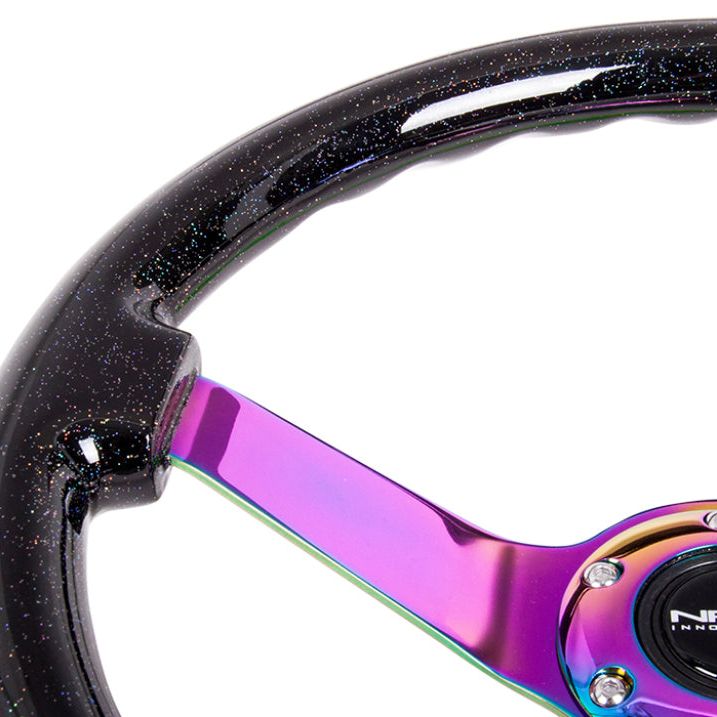 NRG Reinforced Steering Wheel (350mm / 3in. Deep) Classic Blk Sparkle w/4mm Neochrome 3-Spoke Center-tuningsupply.com