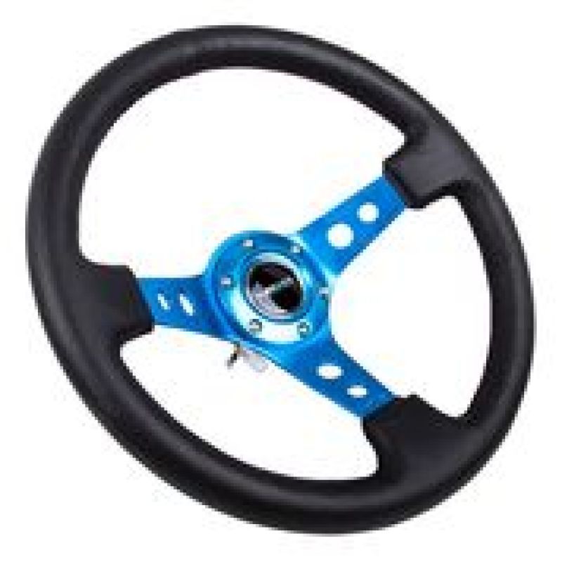 NRG Reinforced Steering Wheel (350mm / 3in. Deep) Blk Leather w/Blue Circle Cutout Spokes-tuningsupply.com