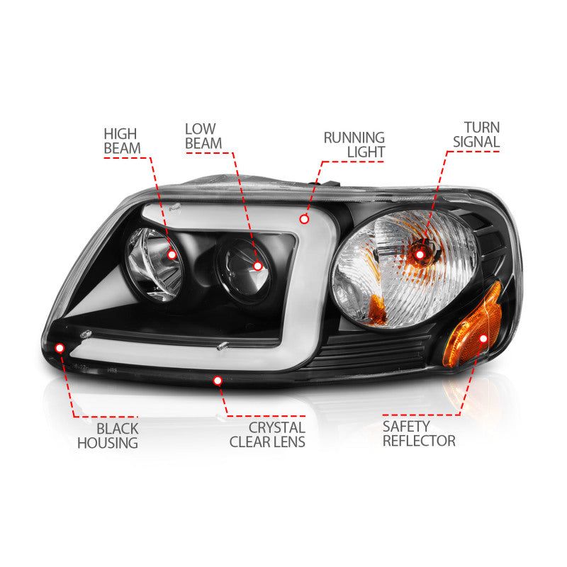 ANZO 1997-2003 Ford F-150 Projector Headlights w/ Light Bar Black Housing-tuningsupply.com