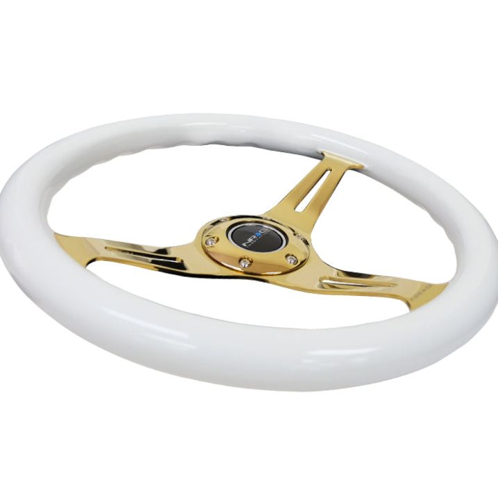 NRG Classic Wood Grain Steering Wheel (350mm) White Grip w/Chrome Gold 3-Spoke Center-tuningsupply.com