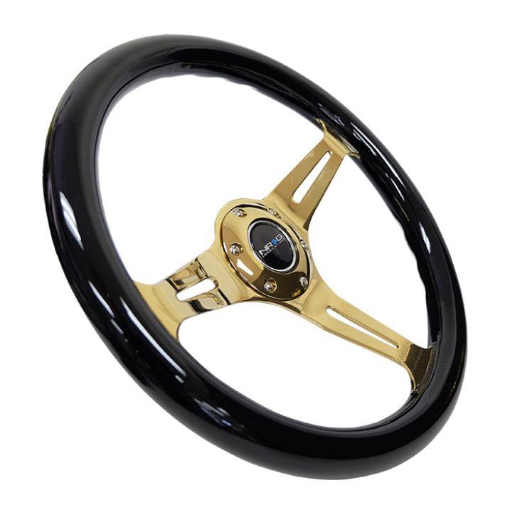 NRG Classic Wood Grain Steering Wheel (350mm) Black Grip w/Chrome Gold 3-Spoke Center-Steering Wheels-NRG-NRGST-015CG-BK-SMINKpower Performance Parts