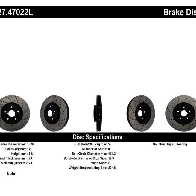 StopTech 05-10 Subaru Impreza WRX/STi Slotted & Drilled Left Front Rotor-Brake Rotors - Slot & Drilled-Stoptech-STO127.47022L-SMINKpower Performance Parts