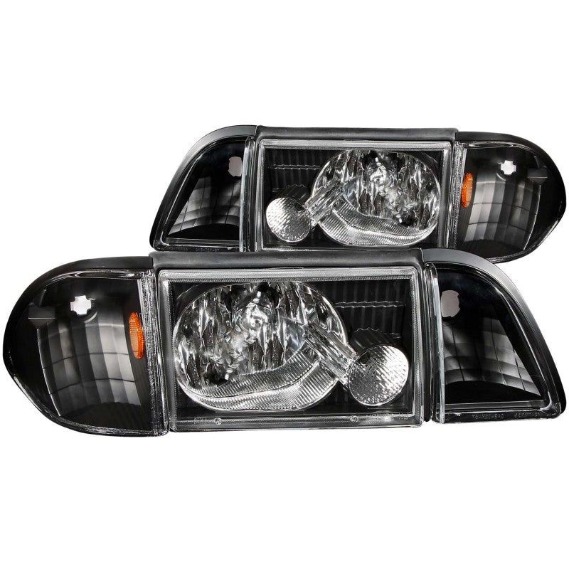 ANZO 1987-1993 Ford Mustang Crystal Headlights Black w/ Corner Lights 3pc-tuningsupply.com