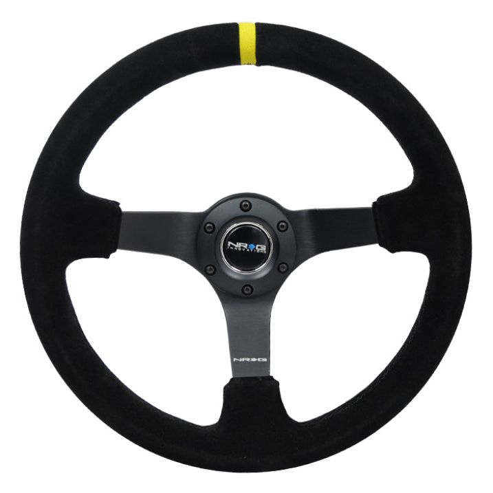 NRG Reinforced Steering Wheel (350mm / 3in. Deep) Blk Suede/X-Stitch w/5mm Blk Spoke & Yellow CM-tuningsupply.com