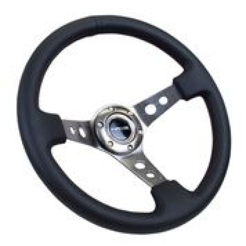 NRG Reinforced Steering Wheel (350mm / 3in. Deep) Blk Leather w/Gunmetal Circle Cutout Spokes-tuningsupply.com