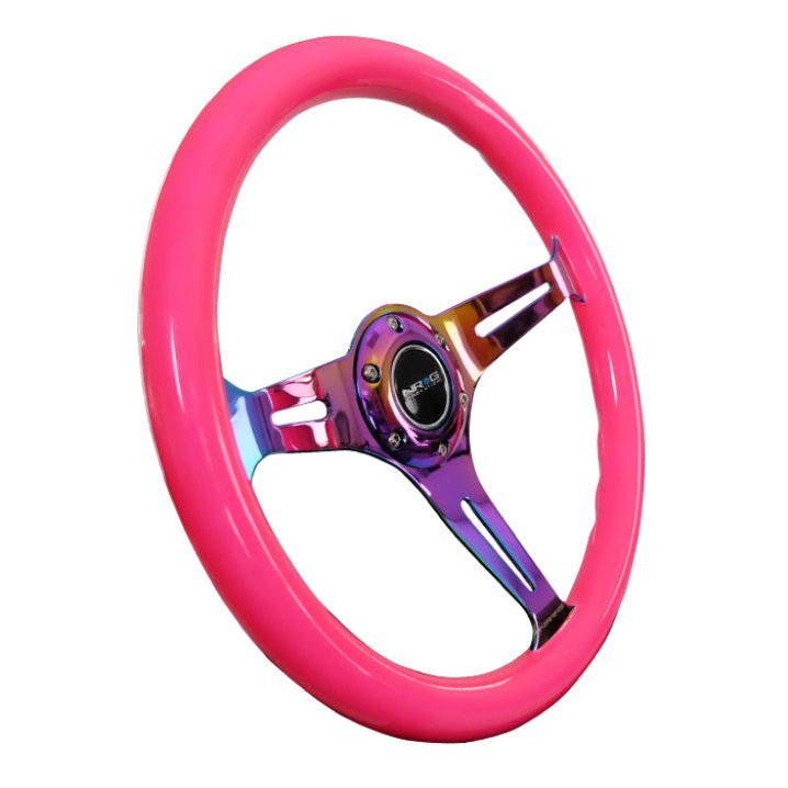 NRG Classic Wood Grain Steering Wheel (350mm) Neon Pink Painted Grip w/Neochrome 3-Spoke Center-tuningsupply.com