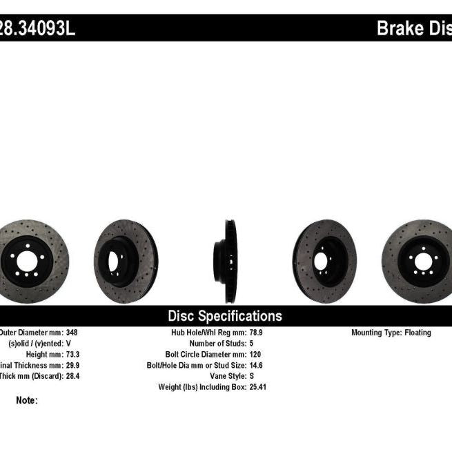 StopTech 07-10 BMW 335i Cross Drilled Left Front Rotor-Brake Rotors - Drilled-Stoptech-STO128.34093L-SMINKpower Performance Parts