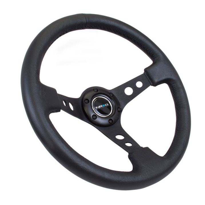 NRG Reinforced Steering Wheel (350mm / 3in. Deep) Blk Leather w/Blk Spoke & Circle Cutouts-tuningsupply.com