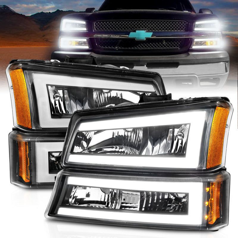 ANZO 2003-2006 Chevrolet Silverado 1500 Crystal Headlights w/ Light Bar Black Housing-tuningsupply.com