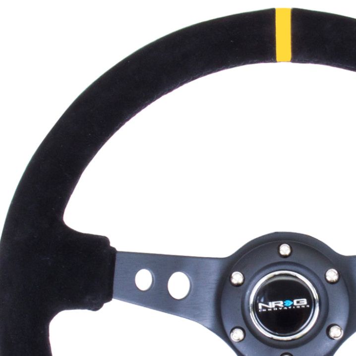 NRG Reinforced Steering Wheel (350mm / 3in. Deep) Blk Suede w/Circle Cut Spokes & Single Yellow CM-tuningsupply.com