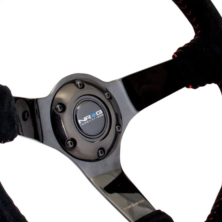 NRG Reinforced Steering Wheel (350mm / 3in. Deep) Blk Suede w/Red BBall Stitch & Black 3-Spoke-tuningsupply.com