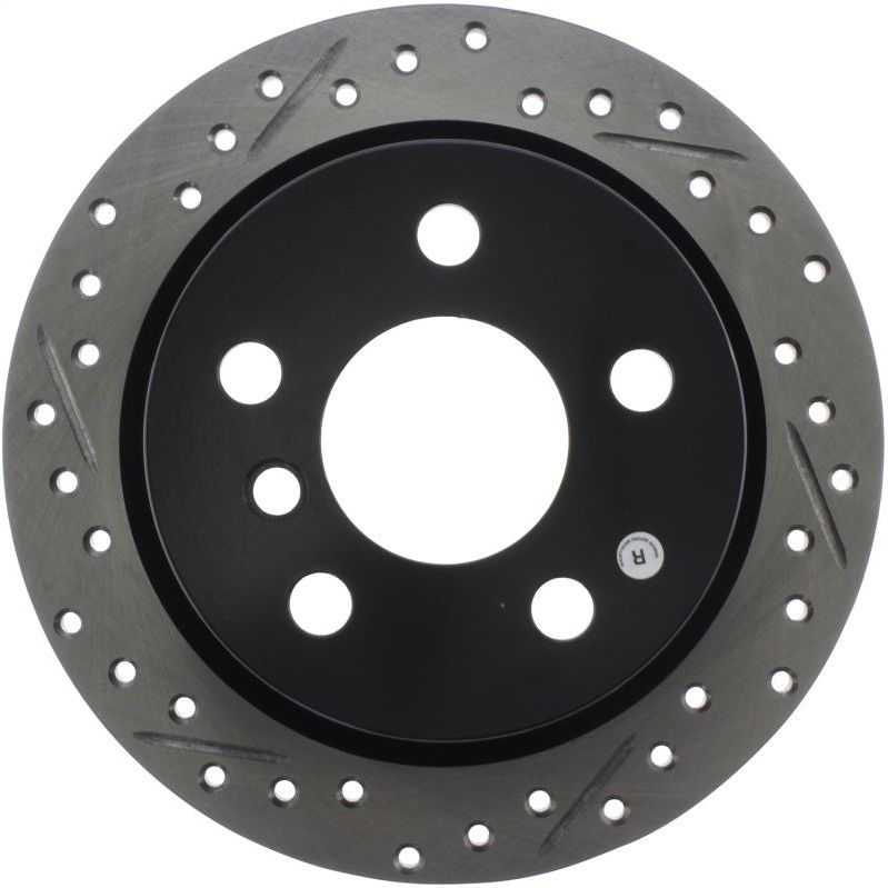 StopTech 14-15 Mini Cooper Base Slotted & Drilled Rear Right Rotor-Brake Rotors - Slot & Drilled-Stoptech-STO127.34159R-SMINKpower Performance Parts