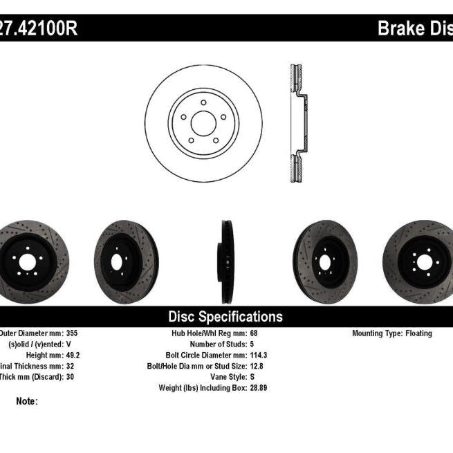 StopTech Infiniti G37 / Nissan 370Z SportStop Slotted & Drilled Front Right Rotor-Brake Rotors - Slot & Drilled-Stoptech-STO127.42100R-SMINKpower Performance Parts