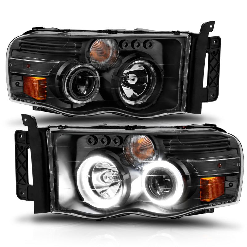 ANZO 2002-2005 Dodge Ram 1500 Projector Headlights w/ Halo Black Clear Amber-tuningsupply.com