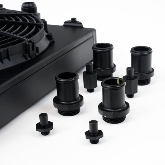 CSF Universal Half Radiator w/-16AN & Slip-On Fittings/12in SPAL Fan & Shroud - Black Finish-tuningsupply.com