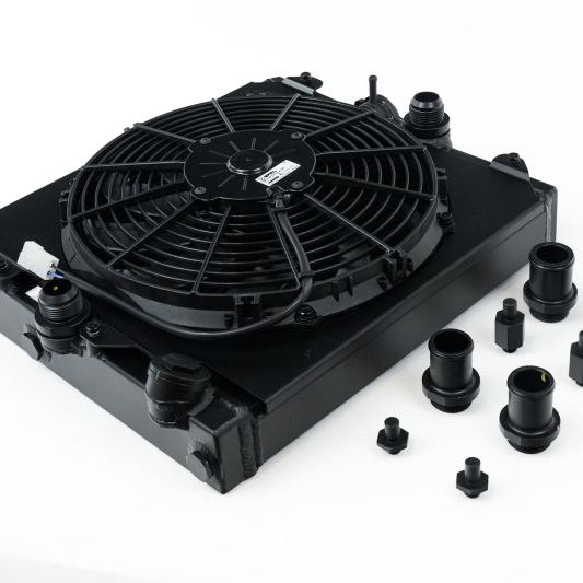 CSF Universal Half Radiator w/-16AN & Slip-On Fittings/12in SPAL Fan & Shroud - Black Finish-tuningsupply.com