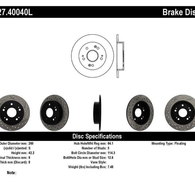 StopTech 06-09 Honda Civic Ex/Si Slotted & Drilled Left Rear Rotor-Brake Rotors - Slot & Drilled-Stoptech-STO127.40040L-SMINKpower Performance Parts