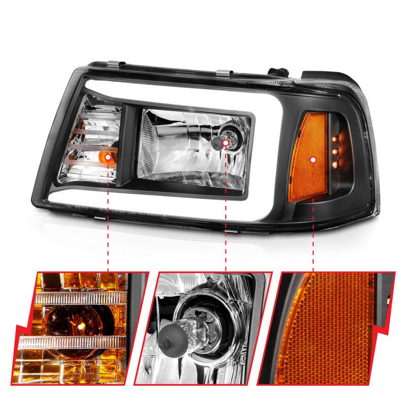 ANZO 2001-2011 Ford Ranger Crystal Headlights w/ Light Bar Black Housing-tuningsupply.com