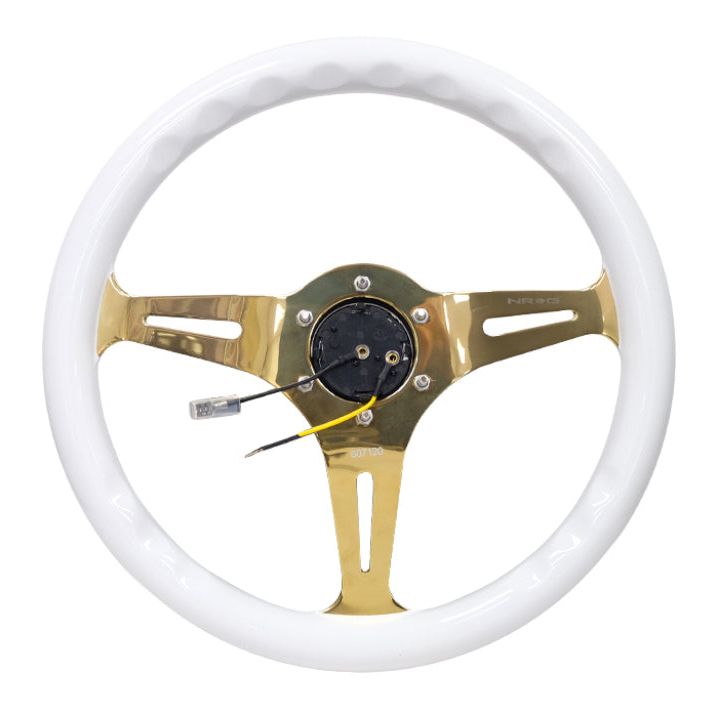 NRG Classic Wood Grain Steering Wheel (350mm) White Grip w/Chrome Gold 3-Spoke Center - SMINKpower Performance Parts NRGST-015CG-WT NRG