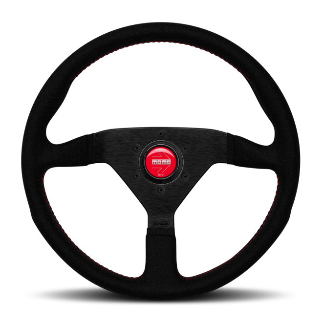 Momo Montecarlo Alcantara Steering Wheel 320 mm - Black/Red Stitch/Black Spokes-tuningsupply.com