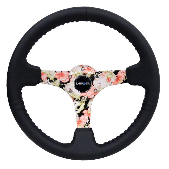 NRG Reinforced Steering Wheel (350mm / 3in. Deep) Blk Leather Floral Dipped w/ Blk Baseball Stitch-tuningsupply.com