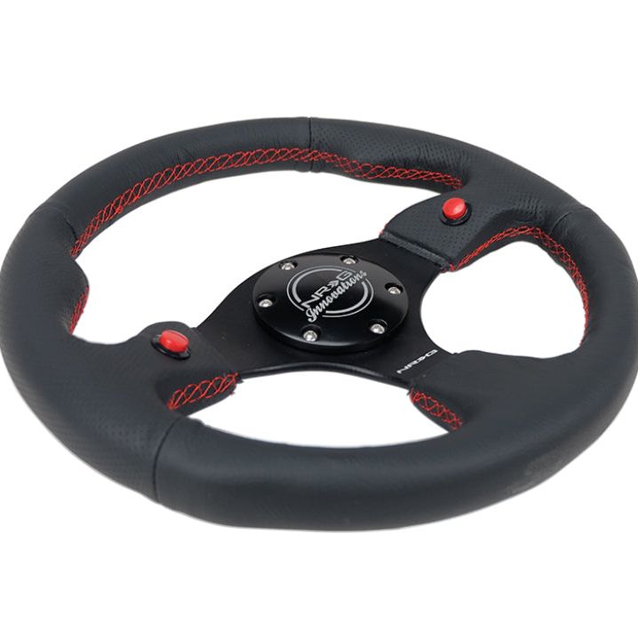 NRG Reinforced Steering Wheel (320mm) Blk Leather w/Dual Buttons-tuningsupply.com