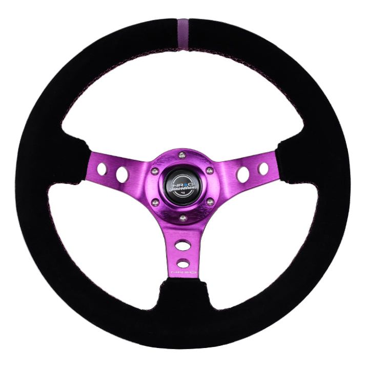 NRG Reinforced Steering Wheel (350mm / 3in. Deep) Black Suede w/Purple Center & Purple Stitching-tuningsupply.com