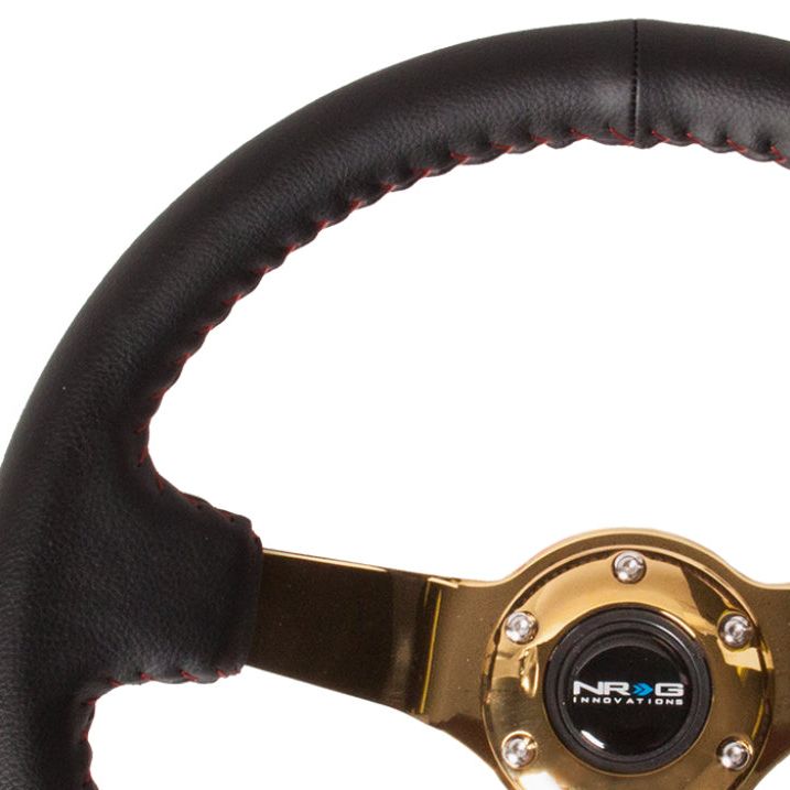 NRG Reinforced Steering Wheel (350mm / 3in. Deep) Blk Leather/Red BBall Stitch w/4mm Gold Spokes-tuningsupply.com