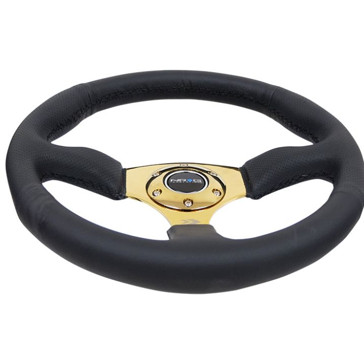 NRG Reinforced Steering Wheel (350mm / 2.5in. Deep) Leather Race Comfort Grip w/4mm Gold Spokes-tuningsupply.com