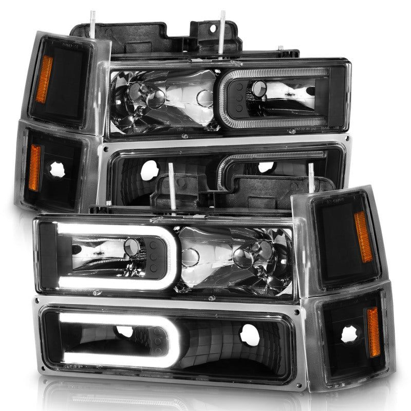 ANZO 88-98 Chevrolet C1500 Crystal Headlights w/ Light Bar Black Housing w/ Signal Side Markers 8Pcs-tuningsupply.com